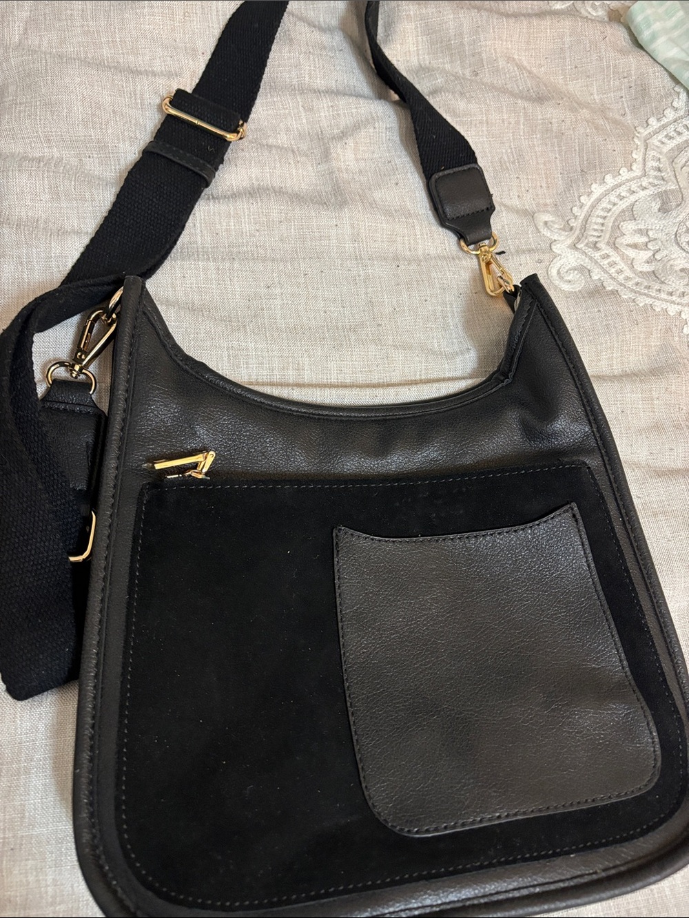 Mods Luxe Black Leather & Suede Crossbody Shoulder Bag - Unbranded